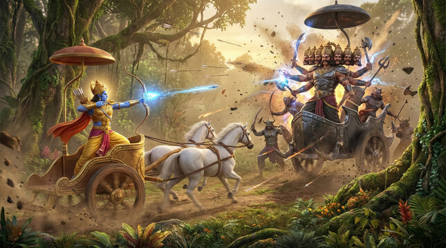 Lord Rama in Chariot Shooting Arrow at Ten- Headed Ravana in For