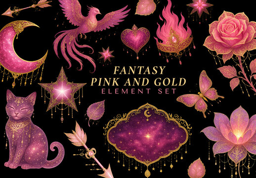Whimsical Pink And Gold Fantasy Element Design Set