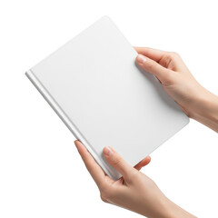 Obraz premium Person holding a blank white book with both hands isolated on transparent background
