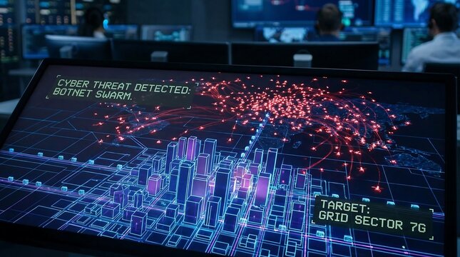 Network cyber security data visualization digital display botnet swarm threat detection graphic
