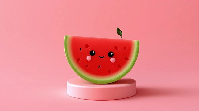 Animated 3D Cute Anime Watermelon Character Smiling and Jumping Happily