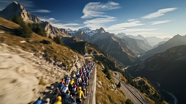 A peloton of cyclists race along a winding mountain road on a sunny day