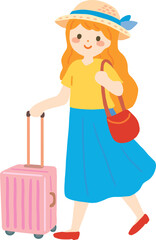 スーツケースを持つ女性の一人旅 手描きベクターイラスト