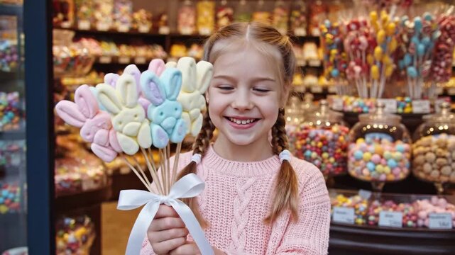 Young White Girl Holding Shaped Marshmallows Bouquet In Vibrant Candy Shop, Playful Shopper Smiling With Braided Hair, Pastel Bunny Marshmallows On Sticks Tied With White Ribbon, Glass Jars.