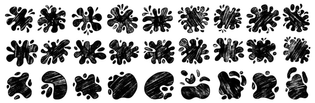 Charcoal grunge textured blobs, splash and blot. Black urban wall design stickers, frames with amoeba shape and paint stain. Fluid text boxes for promo. Vector spot distressed urban street graffiti.