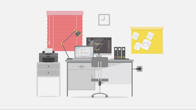 Flat Design Office Workspace With Computer Code And Printer For Remote Work Or Business