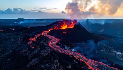 Naklejka premium Erupting volcano spews molten lava river at dusk