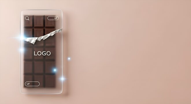 Transparent Smartphone Screen Displaying a Dark Chocolate Bar with a Torn Wrapper Showcasing a Search Icon and Two Buttons Labeled uf on a Muted 