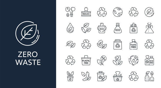 Collection of line icons representing zero waste and eco friendly concepts