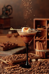 Cream and coffee cocktail with toasted marshmallow and chocolate crumbs.