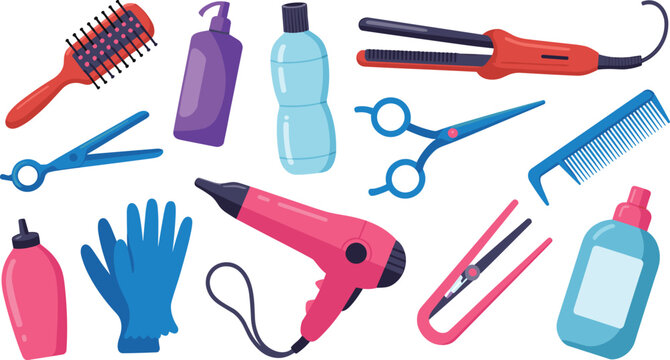 Hair styling tools vector set, barber salon equipment collection isolated, beauty accessories illustration professional cosmetic bundle