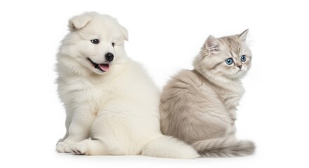 Naklejka premium Fluffy white Samoyed puppy and grey British Longhair kitten, adorable domestic pets sitting together, cute baby animals for veterinary and pet care isolated PNG with Transparent Background