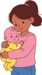 A woman holding a baby close.
