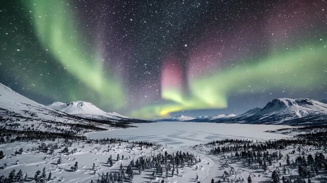 Dazzling auroras illuminate a starry, snow-covered landscape with frozen lake