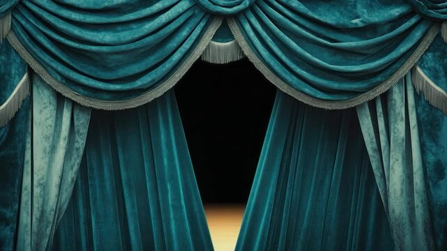 Luxurious teal velvet stage curtains, trimmed with ornate silver detail, revealing a dark backdrop