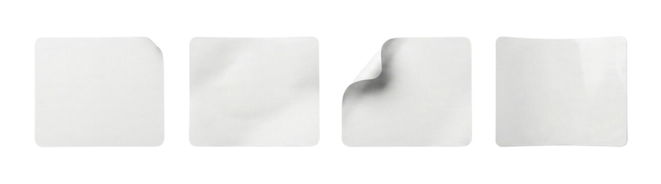 Four blank white square paper sheets with subtle shadows and one curled corner, isolated on a transparent background for UI design.