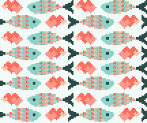 Pixel Fish and Hearts Seamless Pattern 2
