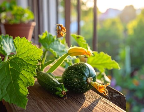 Small zucchini & squash on weathered wood railing, greenery & soft sunlight in background