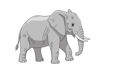 Fototapeta premium Grey African elephant walking with tusks and trunk down isolated on a white background for nature illustration.