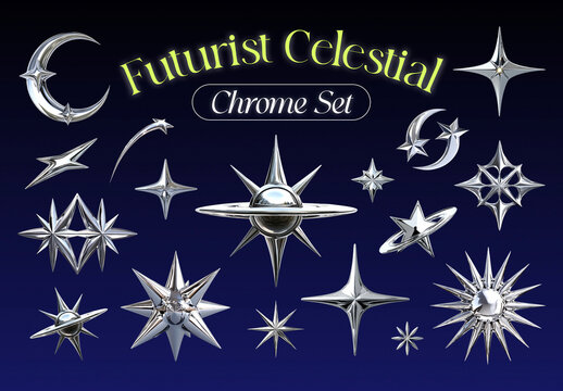 Futuristic Celestial Chrome Designs Element Set