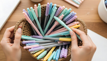 A top view of a wicker basket filled with pastel-colored gel pens