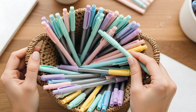 A top view of a wicker basket filled with pastel-colored gel pens