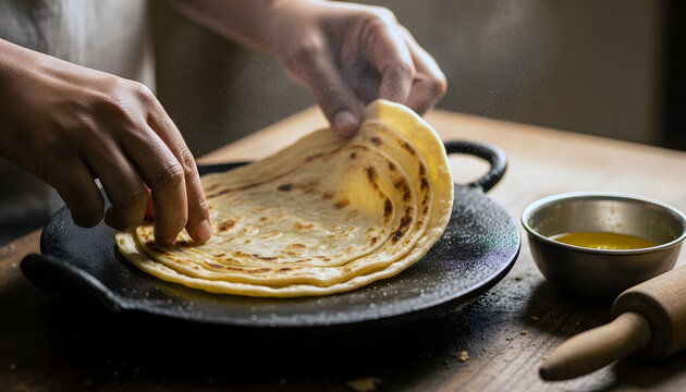 Close-up of hands turning a golden brown laccia paratha on a hot cast-iron tava