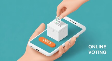 Online Vote Hand casts ballot into box on smartphone with turquoise background.