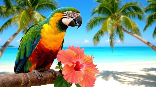 Colorful Parrot on Branch with Hibiscus Flower.