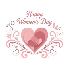 Happy womens day greeting card with pink hearts and floral design on white background