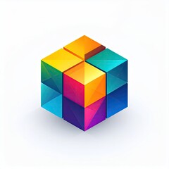 Colorful, geometric cube composed of smaller, multifaceted cubes in various vibrant hues