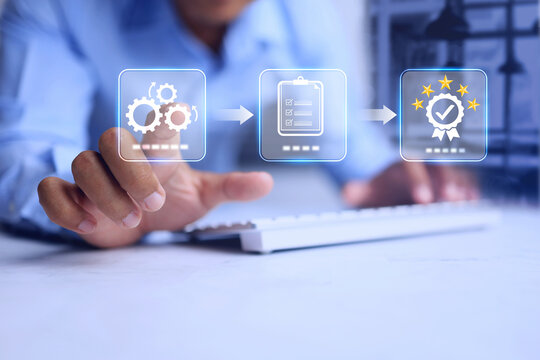 process certification concept with a man pointing on infographic to activate the process for document summary and submit to certified compliance to regulation requirement of industrial standard