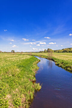 River in a plain landscape a sunny day at spring with a blue sky in the countryside