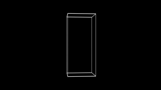 Vertical 3D white wireframe rectangular prism rotating in a seamless loop on a black background