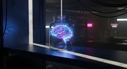 Obraz premium Glowing Holographic Brain in a Jar on a Shelf