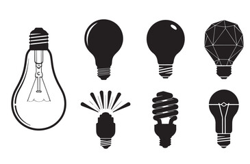 Assortment of eight light bulb icons in black silhouette and outline style representing ideas innovation creativity and energy saving for concept design projects © Amdadul