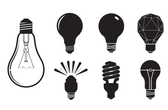 Assortment of eight light bulb icons in black silhouette and outline style representing ideas innovation creativity and energy saving for concept design projects