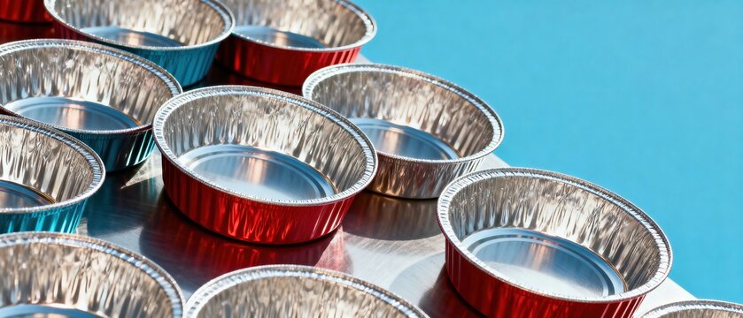 A dynamic, high-angle close-up of a collection of empty, colorful aluminum foil baking cups, including red and blue, arranged diagonally on a metallic surface with a bright blue background, sugg siyam