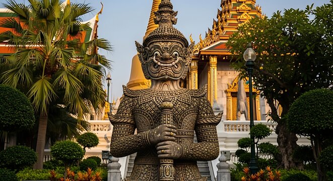 Ancient statue guarding ornate temple against a bright sky background
