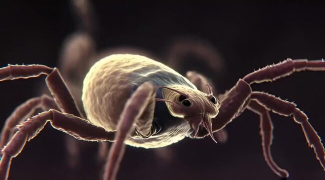 Microscopic Dust Mite Crawling on Dark Background Macro 3D Animation Horizontal Cinematic Video