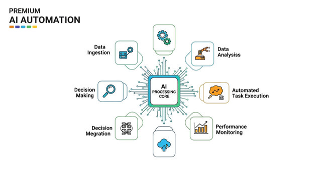 A detailed vector illustration of an AI automation workflow diagram with various nodes and steps on a clean white background.