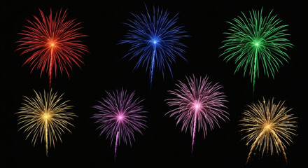 Fototapeta premium A vibrant set of colorful fireworks exploding against a black night sky. Perfect for New Year's, 4th of July, and any celebration. AI generated high-resolution collection.