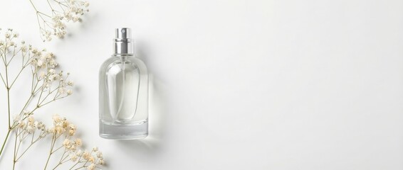 Elegant perfume bottle on white surface with delicate flowers minimalist aesthetic calm environment close-up viewpoint luxurious concept for personal care enthusiasts