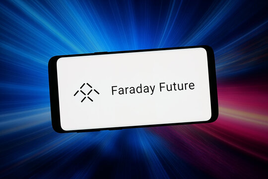 Stuttgart, Germany - 02-11-2026: In this photo illustration, the logo of electric vehicle company Faraday Future Inc. is displayed on a smartphone in front of abstract background on computer screen.