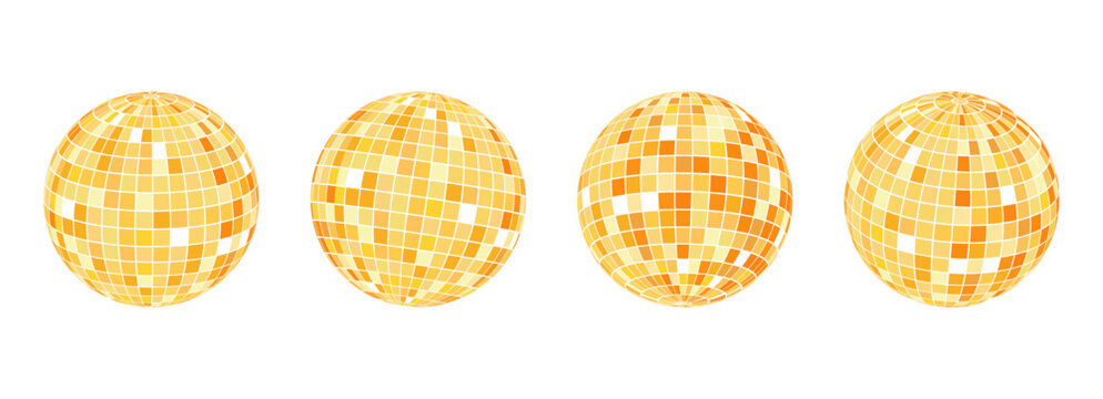 Disco ball set, shiny party mirror glowing party decorations. Gold, pink and silver colors. Glossy discoball in 70s 80s retro style. Party, music, 