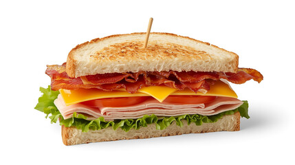 Ultra-realistic studio food photography captures a classic club sandwich stacked and cut in half, featuring toasted white bread, crispy bacon, sliced turkey, melted yellow cheese, fresh lettuce, and r