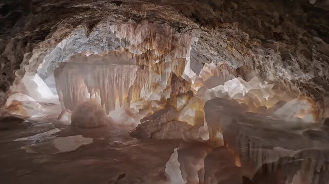 Illuminated crystalline formations within a subterranean cavern