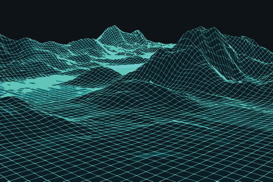 Abstract turquoise wireframe landscape depicts rolling hills and a serene valley high quality