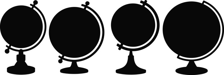 Silhouette collection of globe icons on stands with different base designs, educational world map symbols for learning, travel, geography, and global concept illustration © MD MIJANUR