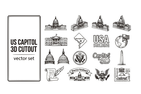 US Capitol 3D Cutout Government-Building USA-Building Washington-DC Capitol-3D Congressional-Building America-Landmark US-Capitol-Building Vector Set - Capitol 3D